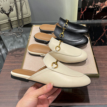 Baotou half slippers women wear 2021 new horse buckle leather sandals no heel lazy shoes flat Muller shoes