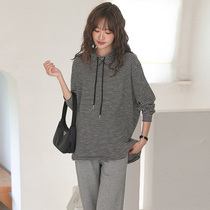 Pregnant Woman Sweatshirt Autumn Style Long Sleeve Blouse Loose Korean version Fashion stripe Lianhood casual Large-size pure cotton pregnant woman autumn clothing