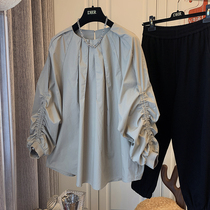 Japanese designer retro pleated bubble sleeve line stitching drawstring round neck long sleeve shirt jacket temperament autumn dress