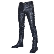 New stage performance teen trend mens casual autumn winter mens tight zipper stitching leather pants