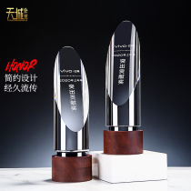 Solid wood base crystal trophy