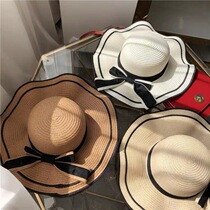 New Korean hat womens summer straw hat wavy bow sun hat sunscreen sun hat beach hat