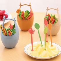 Creative bucket shape fruit fork set cute leaves fruit fork fruit stick fruit stick dessert snack cake fork cake fork