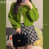 Mmato Green Strap Knit Cardigan Short spring New lantern Hooded Sweater Jacket Design Sensation Niche