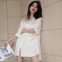 Ice silk pajamas women spring and autumn thin long-sleeved shirt summer sexy loose boyfriend wind chiffon white shirt nightgown