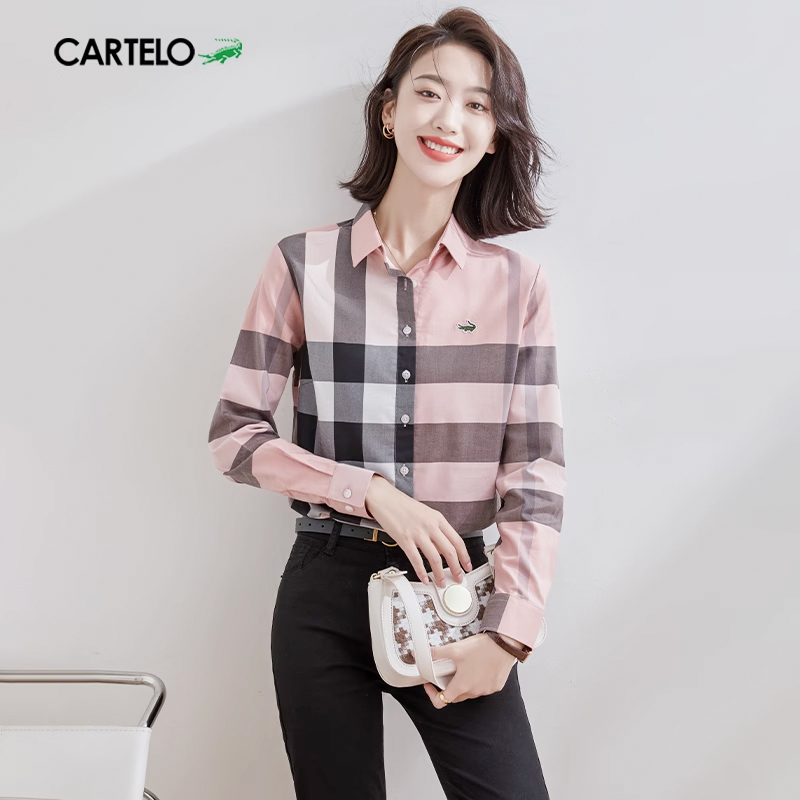 クロコダイルピンクチェック柄長袖シャツ女性のための春と秋の新しいチェック柄ストライプコットン韓国スタイルのルーズで多用途なシャツ