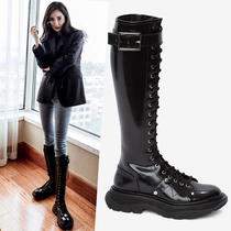  Knight boots female 2021 spring and Autumn Yang Mi small boots high knee boots Patent leather thick-soled high-barrel motorcycle boots