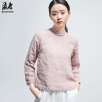 Bean paste Gray new hemp Chinese style improved oblique short cheongsam top female Chinese collar buckle small man