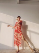 SOSO original classical dance amorous cheongsam cheongsam high slit practice long sleeve Maple Leaf mesh through elastic dance performance