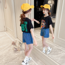 Net Red Girl Summer Clothing Suit 2022 new children Summer short sleeves Ocean Medium Big Boy Trendy Thin pieces Two sets
