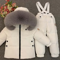 2021 New Winter Childrens set baby boys and girls baby big real hair collar thick childrens down jacket