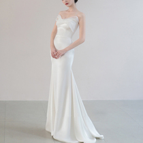 Fish tail wedding dress 2021 new summer temperament light wedding dress bra satin simple white dress go out welcome yarn