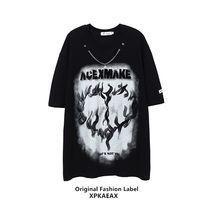 XPKAEAX Original Tide Card Flame Loving Printed Dark Black Ensemble of the Costume T 2022 New Summer Short Grapefruit Men