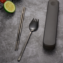 Chopsticks spoon set 304 stainless steel portable tableware salad fork eating noodles students three-piece single storage box