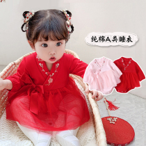 Baby 100 days Hanfu female baby Chinese style jumpsuit autumn one-year-old dress red fart coat long sleeve