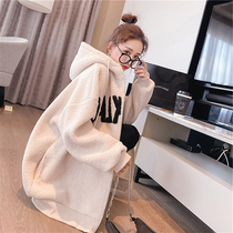 Pregnant women autumn and winter clothes plus velvet thick coat cashmere large size loose medium long cardigan sweater hooded top tide tide