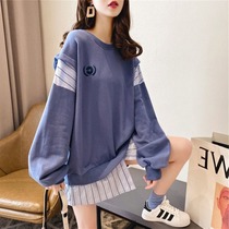 2022 spring and autumn new pregnant women's clothing thin fake two long sleeve T-shirt spring coat large size outer coat