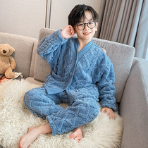 Boys pajamas winter flannel thickened large children coral velvet home clothing children autumn and winter two-piece suit