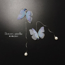 S925 pure silver wavy long section pearl earring double layer pink blue butterfly ear trim sensual super fairy