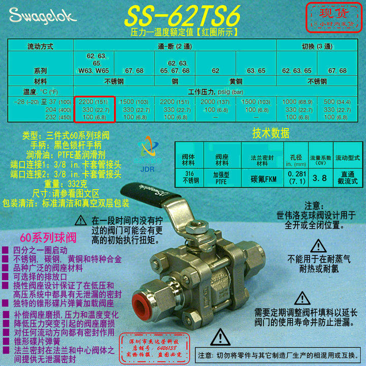 (SS-62TS6) Swagelok Swagelok ball valve enhanced PTFE seat 3 8 in.card casing