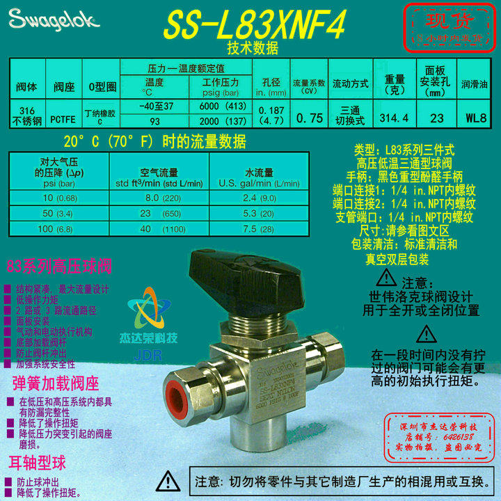 (SS-L83XNF4) Swagelok high-pressure ball valve nylon seat 1 4 in. NPT inner screw