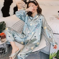 Pajamas womens spring and autumn season ice silk long-sleeved cardigan summer Korean version of the student sexy thin ins simulation silk home clothes