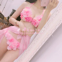 Handmade three-dimensional flower holiday hanging neck lace-up triangle split swimsuit female pink bikini small chest gathered thin