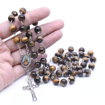 Pure natural tiger eye stone holy father cross god rosary necklace prayer beads supplies