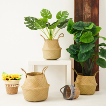 Nordic Straw flower basket woven rattan portable piano leaf Banyan paradise bird pot storage living room floor decoration decoration