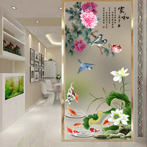Painted carving art glass screen partition wine cabinet frosted toughened craft glass porch background wall peony flower