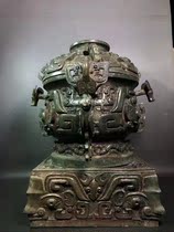 Imitation antique bronze ware Western Zhou Elephant ears Gluttonous square seat Large-shaped high tin with light black lacquered ancient rustic swing piece Antique collection