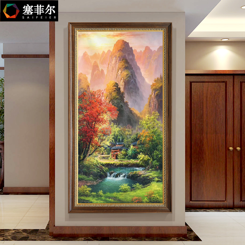 Chinese-style American oil painting hand-painted porch decoration vertical version corridor hanging painting living room fresco landscape painting