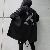Letter printed windbreaker mens spring and autumn mid-length Korean version of the trend coat trend brand loose large size hooded jacket