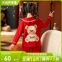 Childrens pajamas spring and autumn cotton long sleeve suit girl red life 2022 new girl princess home suit