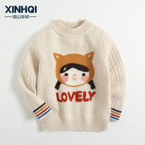 Childrens pure cashmere sweater girl sweater foreign gas baby half high collar autumn and winter thick cartoon (Hong Ye)