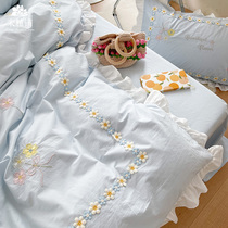 Girl Heart Flower Embroidery Cotton Water Washing Cotton Four Piece Set Spring and Autumn Cotton hipster Soft Nude Sleeping Bedding