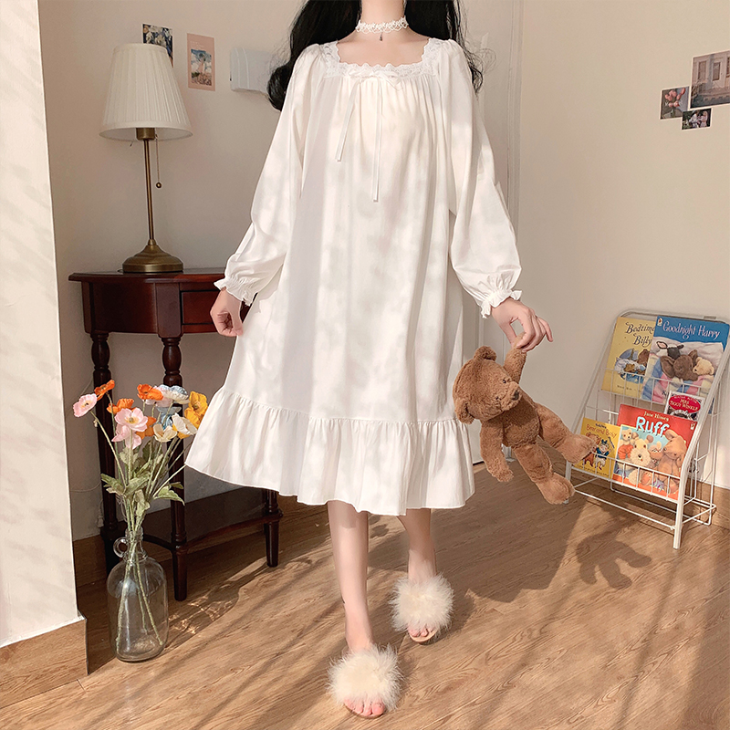 Milky girl white ribbon lace long-sleeved pajamas womens spring dress 2021 new comfortable home clothing pajamas
