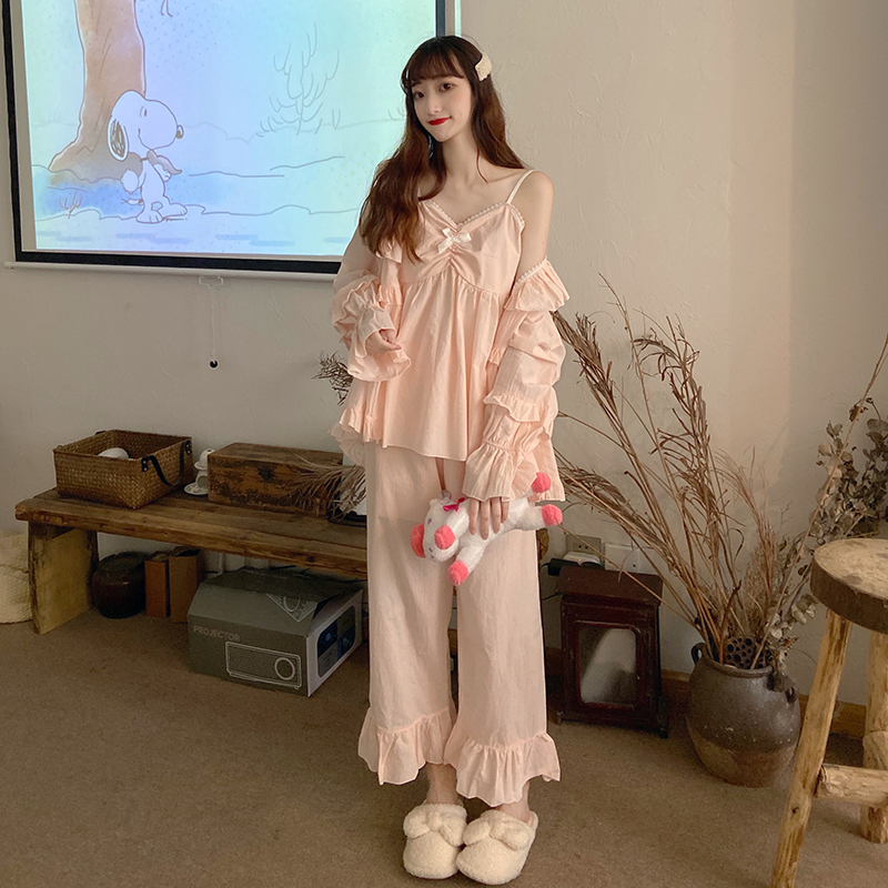 Fairy flared sleeve jacket sweet bow sling pajamas women loose lotus leaf side pajamas home clothing three-piece set