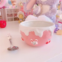 Sweet Japanese relief rabbit eating ceramic bowl cream girl heart eating ins hand painted cherry Rabbit Rabbit Bowl