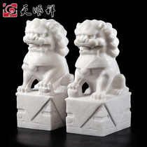 Tianshunxiang carved cemetery stone lion pair of gatekeeper polished white marble funeral ornaments small stone lion