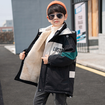 Boy winter hooded Pike cotton jacket 2021 new foreign style big childrens lamb cashmere padded jacket