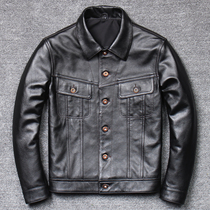 Pick up leakage denim genuine leather leather mens short first layer cowhide motorcycle leather jacket lapel youth tide handsome jacket