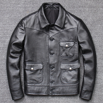 Leather leather mens short lapel head layer cowhide single breasted casual mass leather jacket fashion autumn and winter leather jacket