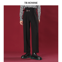 TR HOMME fall winter high waist trousers men's loose straight tube chic Han Feng solid color belt decorative men's casual pants