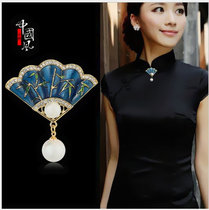 Classic fashion enamel painting oil elegant bamboo fan brooch Chinese style banquet cheongsam accessories collar pin pin