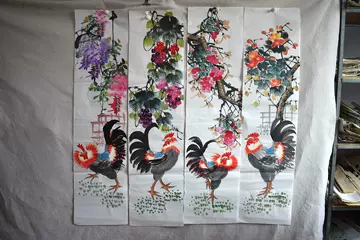 中国古美術☆純手描き四条屏・梅兰竹菊画芯☆国画・鄭板橋印款・肉筆