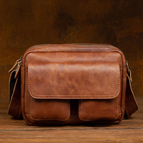 Handmade tanned leather mens bag Shoulder Bag Mens horizontal shoulder bag leather retro postman casual small backpack