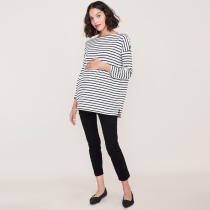 2021 New pregnant women Spring and Autumn loose top round neck long sleeve stripe long T-shirt fashion base shirt wear