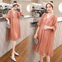 Pregnant woman summer dress 2021 Korean version of the fashion two-piece set tide mother Yang Qi thin belly cover chiffon skirt