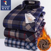 Woodpecker winter mens warm shirt men plus velvet thickened middle-aged Plaid warm shirt mens long sleeve dad